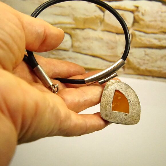 Baltic Amber and 925 Silver Black Leather Cord Modernist Necklace 18" - Her Gift - Picture 10 of 14